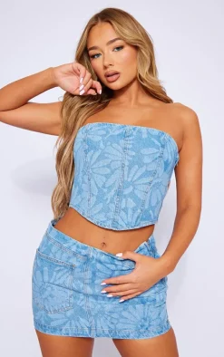 Light Blue Flower Print Denim Mini Skirt