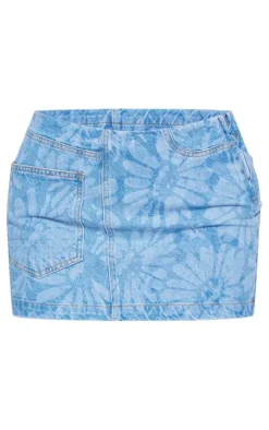 Light Blue Flower Print Denim Mini Skirt