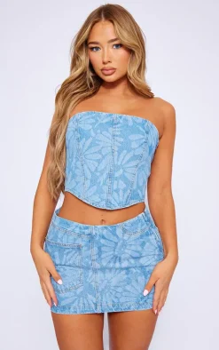 Light Blue Flower Print Dipped Hem Denim Corset