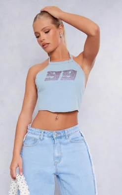 Light Blue Hot Fix Halterneck Lightweight Denim Top