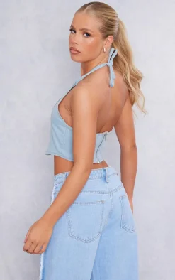 Light Blue Hot Fix Halterneck Lightweight Denim Top