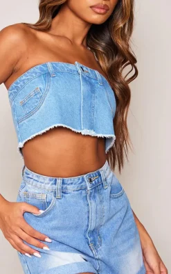 Light Blue Jean Detail Raw Hem Denim Bandeau Top