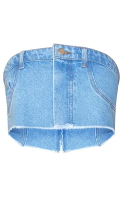 Light Blue Jean Detail Raw Hem Denim Bandeau Top