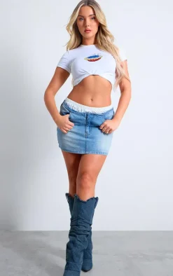 Light Blue Lace Waistband Denim Mini Skirt