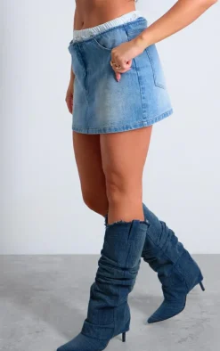 Light Blue Lace Waistband Denim Mini Skirt