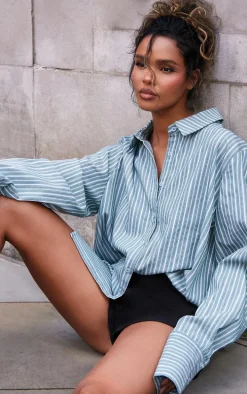 Light Blue Oversized Pinstripe Cuff Shirt