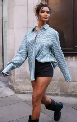 Light Blue Oversized Pinstripe Cuff Shirt