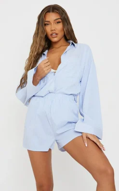 Light Blue Pinstripe Woven Elastic Waist Floaty Shorts