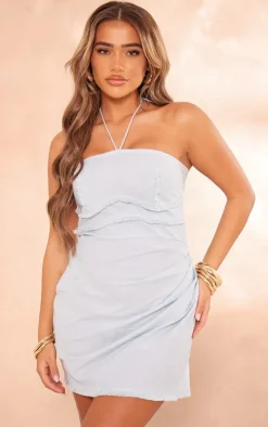 Light Blue Raw Edge Ruched Bodycon Dress