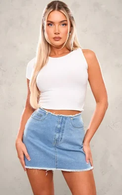 Light Blue Raw Hem Basic Denim Mini Skirt