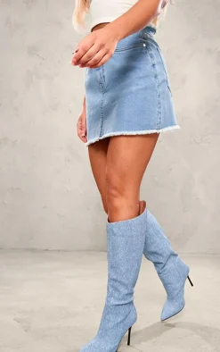Light Blue Raw Hem Basic Denim Mini Skirt