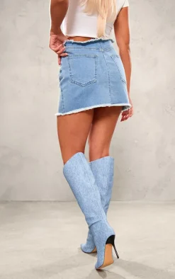 Light Blue Raw Hem Basic Denim Mini Skirt