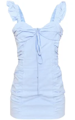 Light Blue Ruched Frill Strap Bodycon Dress