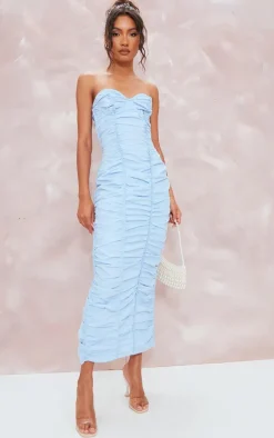 Light Blue Ruched Underwired Strappy Back Midaxi Dress