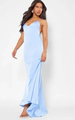 Light Blue Satin V Neck Maxi Dress