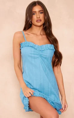Light Blue Textured Cotton Frill Detail Shift Dress