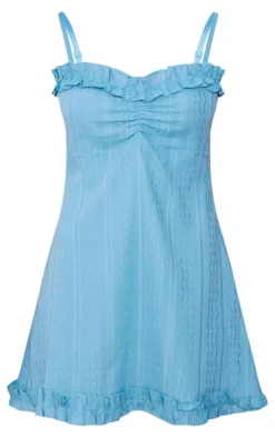 Light Blue Textured Cotton Frill Detail Shift Dress