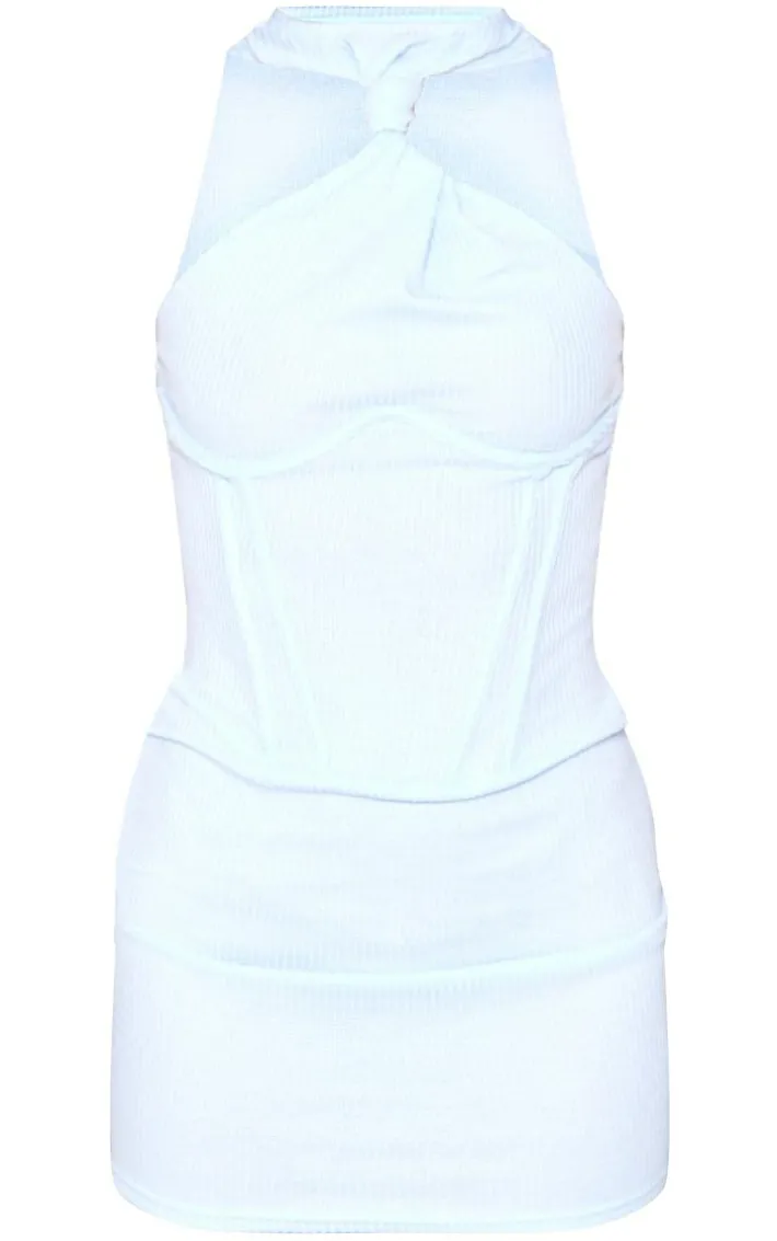 Light Blue Textured High Neck Knot Corset Underwired Bodycon Dress