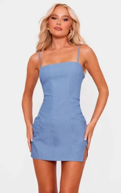 Light Blue Twill Binded Strappy Bodycon Dress