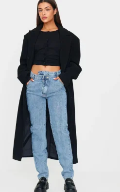 Light Blue Wash Asymmetric Waistband Long Straight Leg Jeans