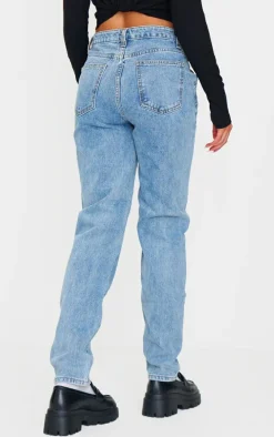 Light Blue Wash Asymmetric Waistband Long Straight Leg Jeans