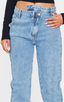 Light Blue Wash Asymmetric Waistband Long Straight Leg Jeans