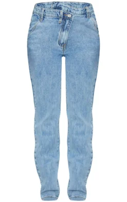 Light Blue Wash Asymmetric Waistband Long Straight Leg Jeans