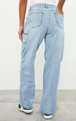 Light Blue Wash Asymmetric Waistband Baggy Low Rise Thigh Split Boyfriend Jeans