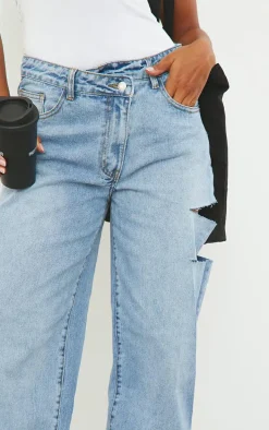 Light Blue Wash Asymmetric Waistband Baggy Low Rise Thigh Split Boyfriend Jeans