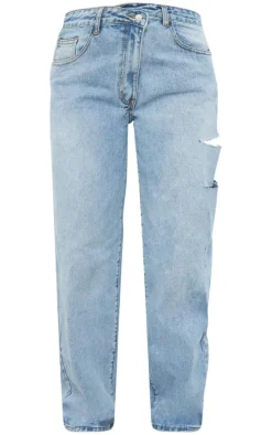 Light Blue Wash Asymmetric Waistband Baggy Low Rise Thigh Split Boyfriend Jeans