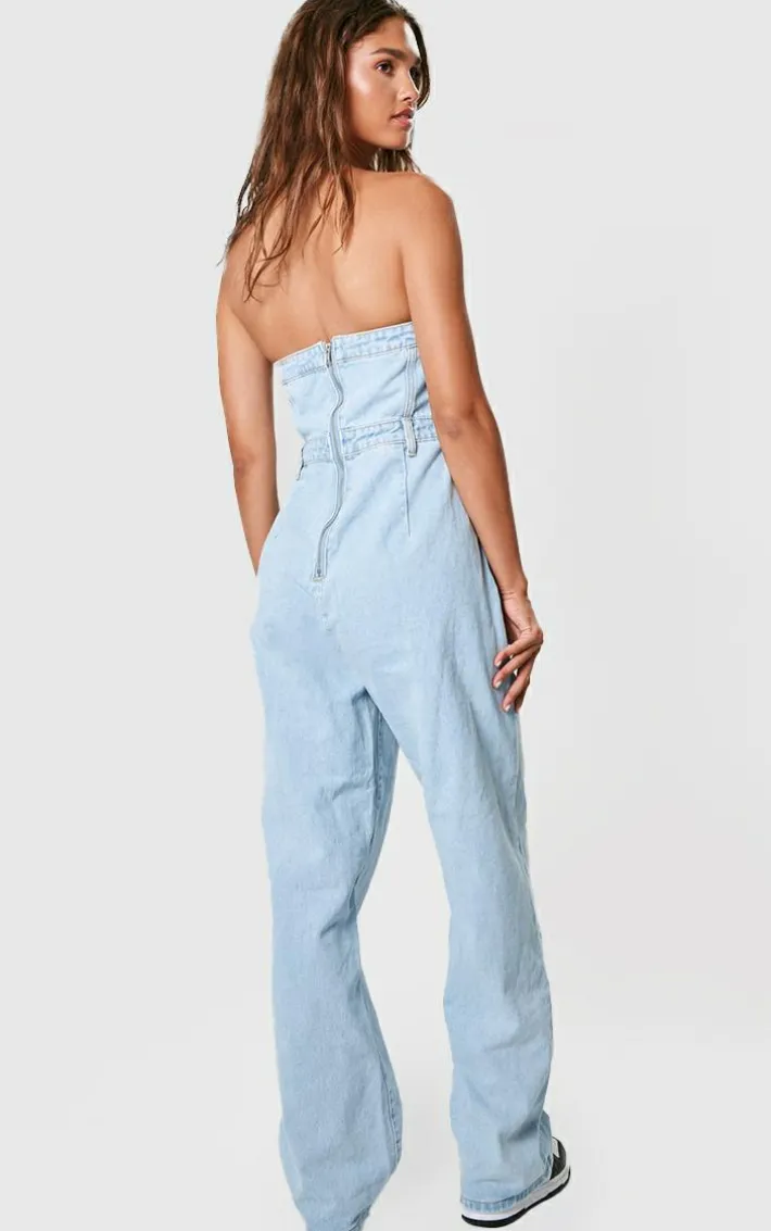 Light Blue Wash Bandeau Denim Jumpsuit