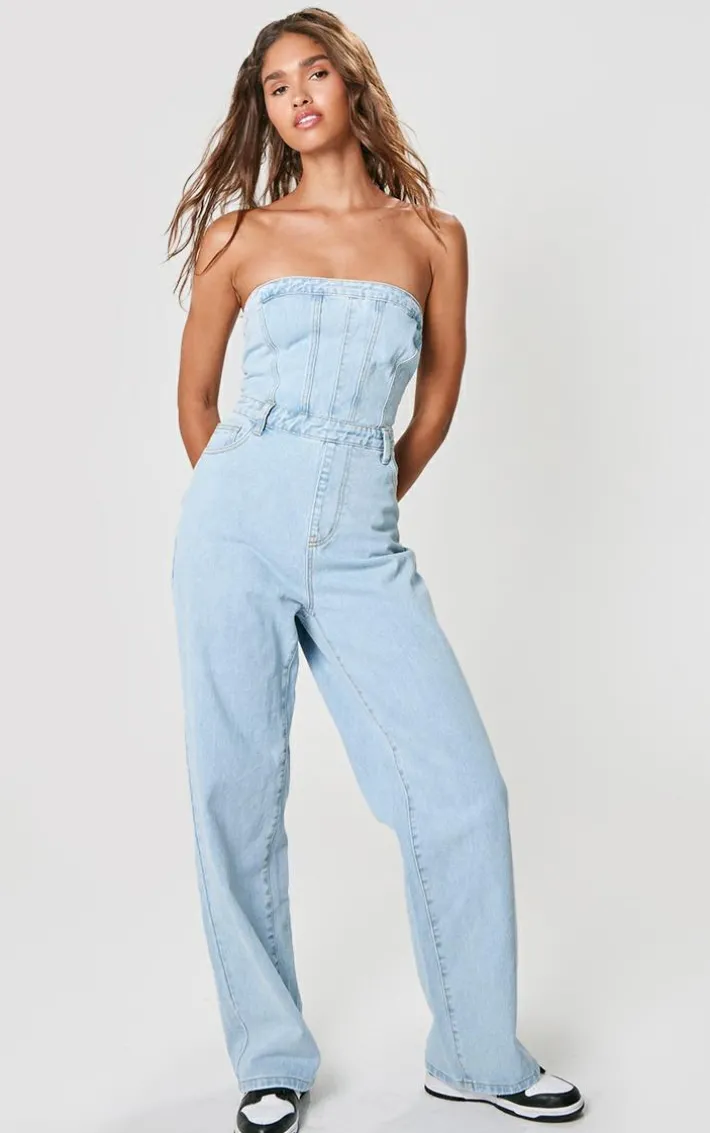 Light Blue Wash Bandeau Denim Jumpsuit