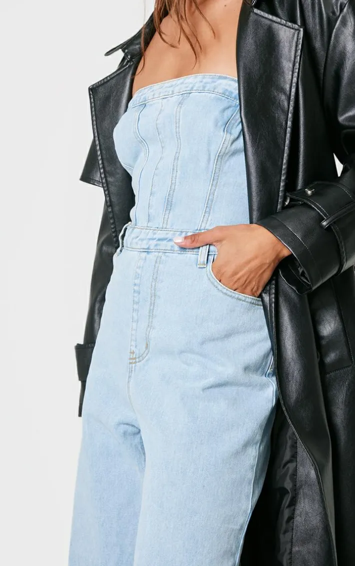 Light Blue Wash Bandeau Denim Jumpsuit
