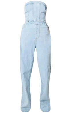 Light Blue Wash Bandeau Denim Jumpsuit