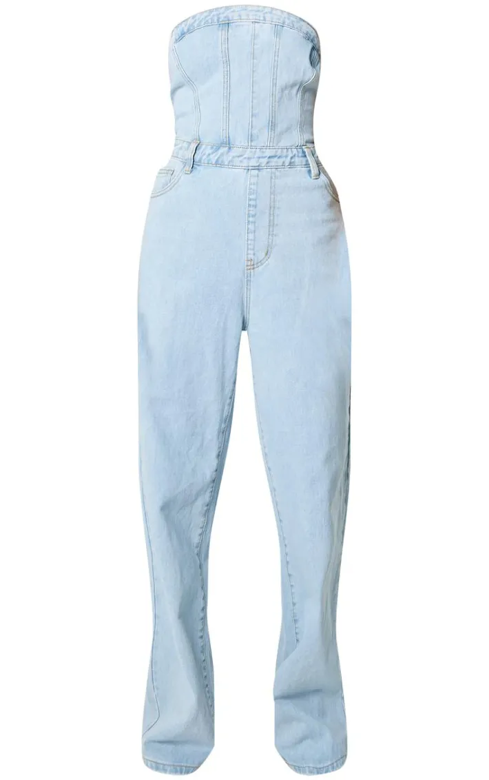 Light Blue Wash Bandeau Denim Jumpsuit
