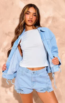 Light Blue Wash Bow Detail High Waist Denim Hot Pants