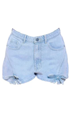 Light Blue Wash Bow Detail High Waist Denim Hot Pants