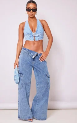 Light Blue Wash Buckle Front Denim Halterneck Top