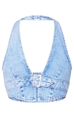 Light Blue Wash Buckle Front Denim Halterneck Top