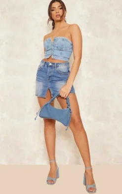 Light Blue Wash Button Through Denim Corset