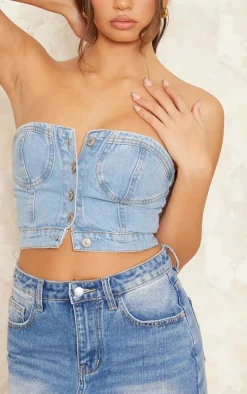 Light Blue Wash Button Through Denim Corset