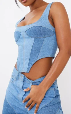 Light Blue Wash Contrast Dipped Hem Denim Top