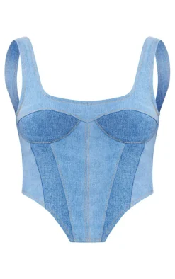 Light Blue Wash Contrast Dipped Hem Denim Top