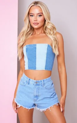 Light Blue Wash Contrast Panelled Denim Bandeau Top