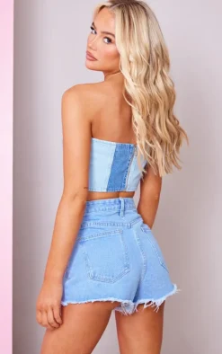 Light Blue Wash Contrast Panelled Denim Bandeau Top