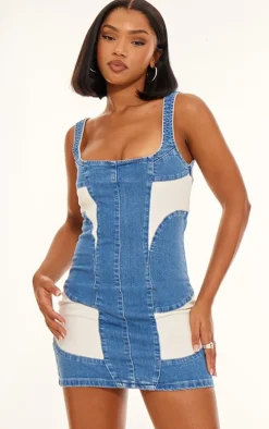 Light Blue Wash Contrast Panel Detail Bodycon Denim Dress