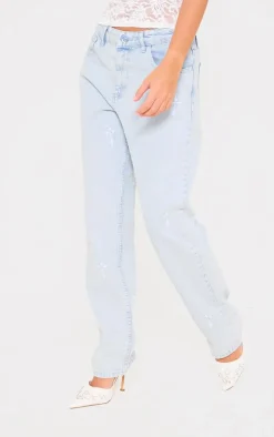 Light Blue Wash Cross Print Long Leg Straight Leg Jeans