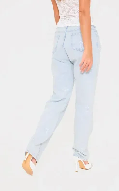 Light Blue Wash Cross Print Long Leg Straight Leg Jeans