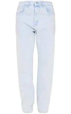 Light Blue Wash Cross Print Long Leg Straight Leg Jeans