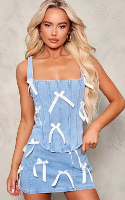 Light Blue Wash Denim Bow Ribbon Applique Corset
